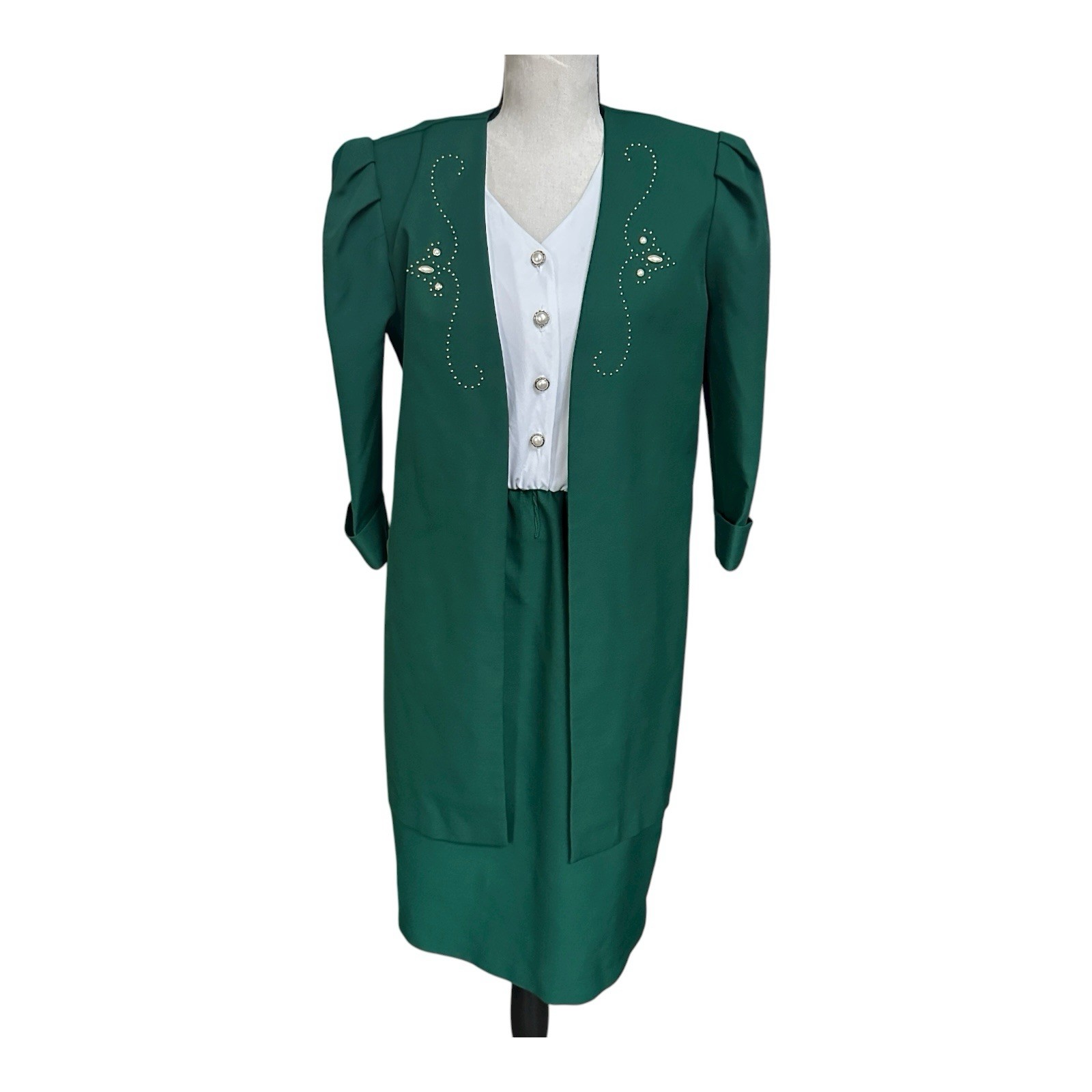 VTG 90s MOB Green Pearl Beaded Embellished Dress & Jacket Set M Whirlaway Frocks
