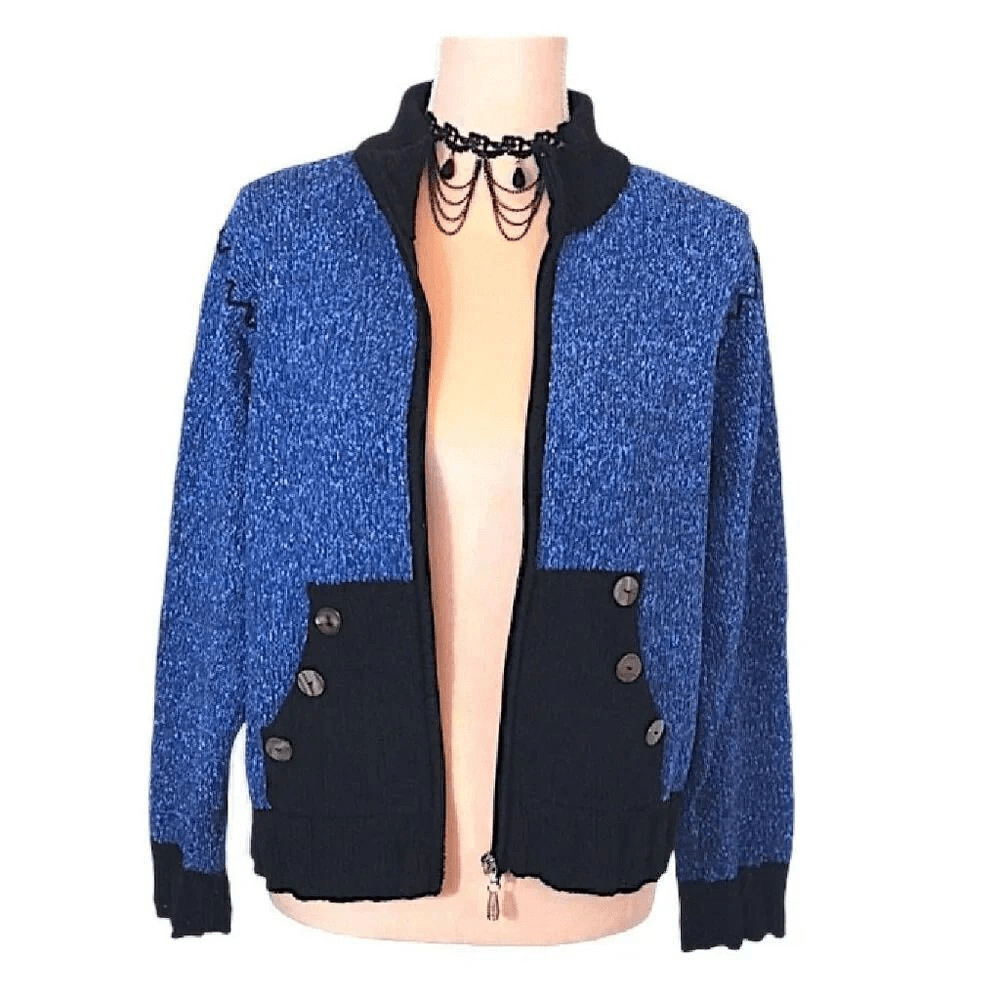 VTG 80s 90s Fia Italia Handloomed Blue Black Knit Zip Cardigan Sweater XL