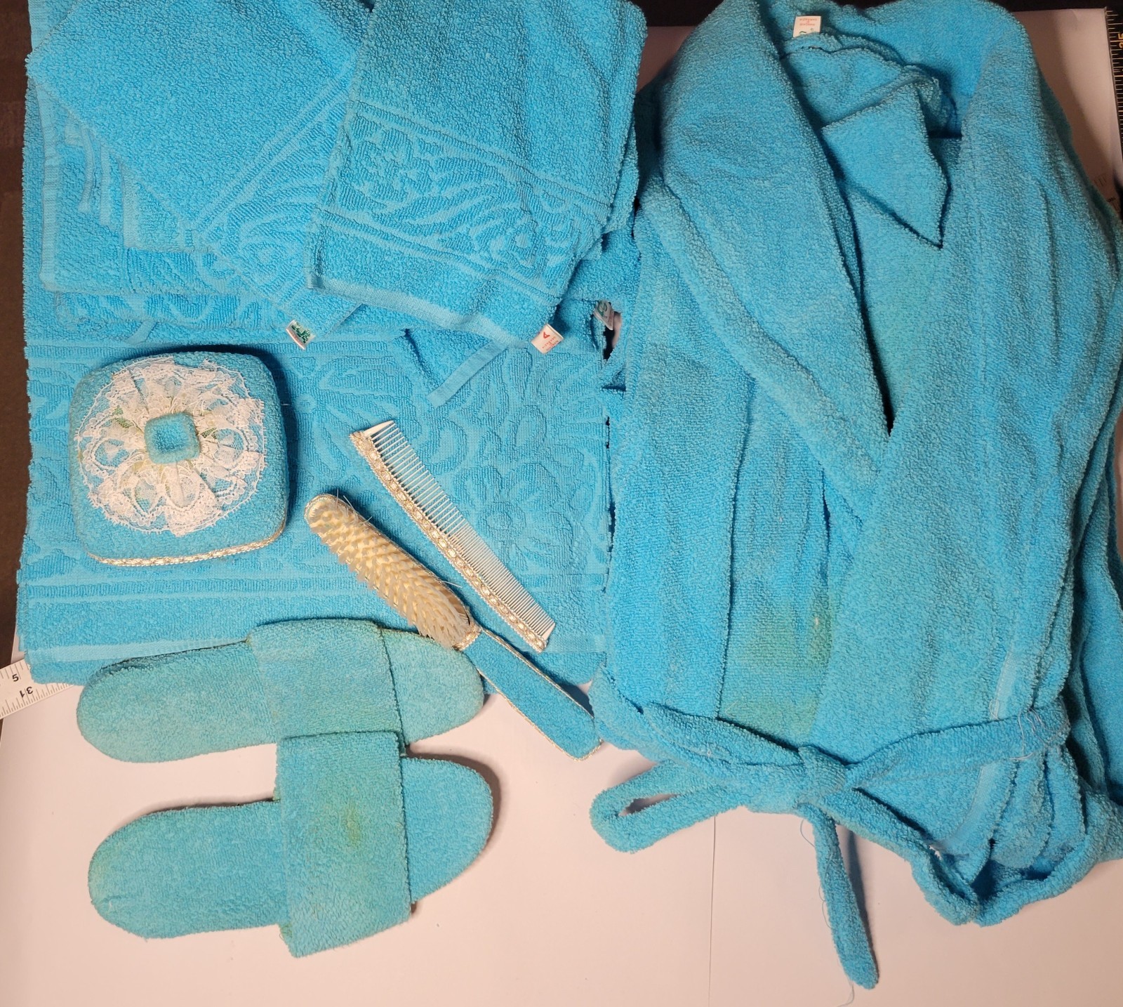 Vtg 60s Italian Bridal Trousseau 9pc Bath Set AMAR NOS Turquoise READ! Towels