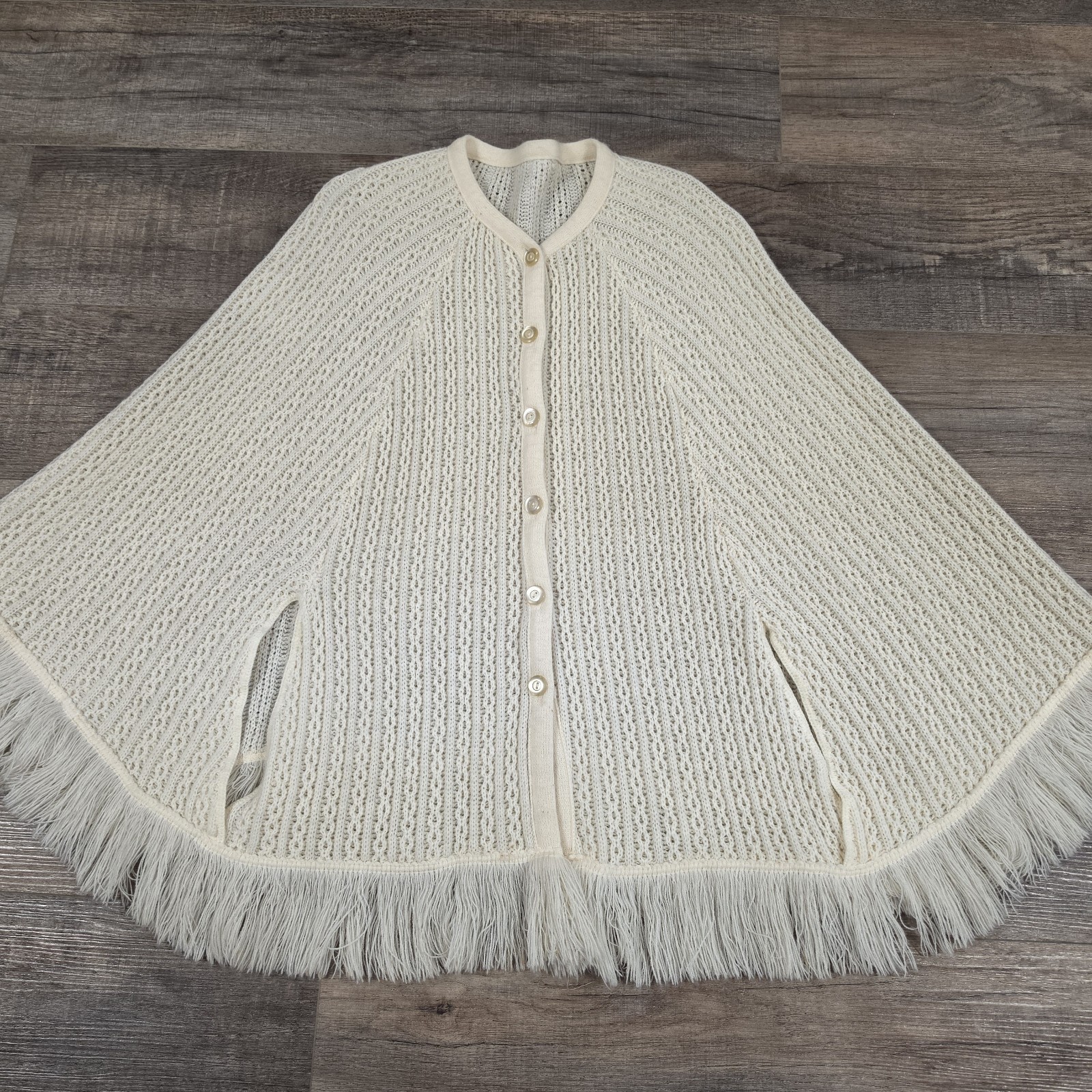 Vintage Poncho Shawl Cape With Fringe Orlon Acrylic Button Front Hand Arm Slits