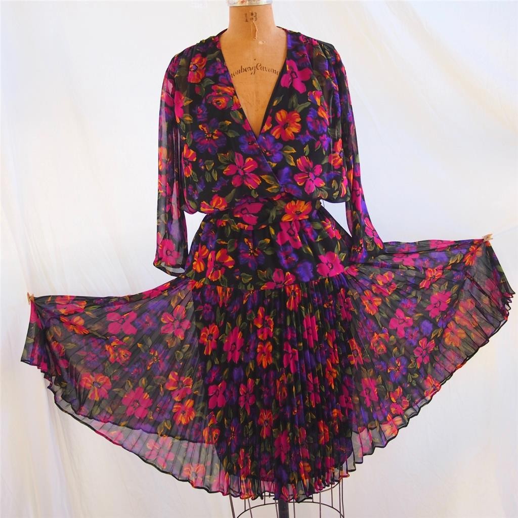 Vintage 80s PHOEBE Floral Pleated Elastic Waist Belted Dress Secretary USA 10