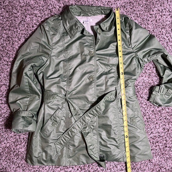Liz Claiborne Olive Green Trench Coat Belted Button Front Classic Jacket Chic