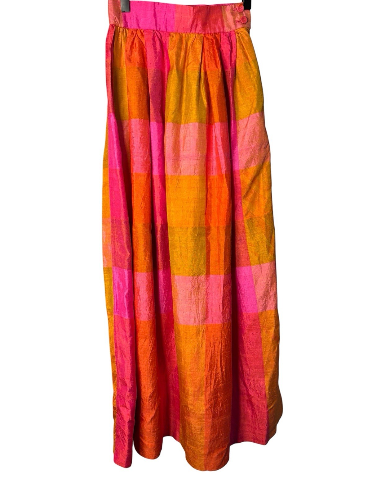 1970s vivid orange and pink plaid maxi skirt Waist 23” 3XS-2XS RETRO MAGIC