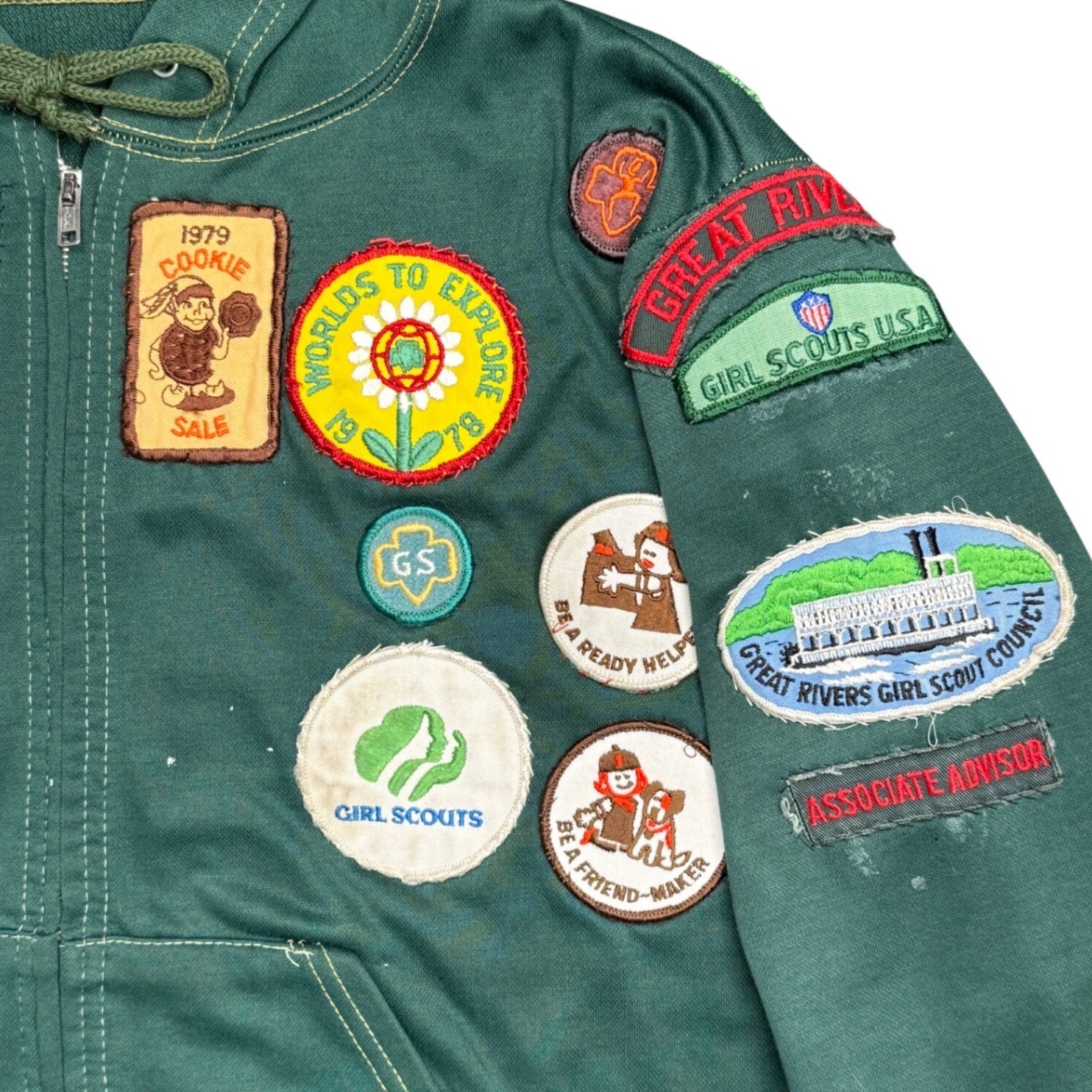 Vintage 1970s Girl Scouts Patch Zip Hoodie Green Rare Collector 50+ Patches