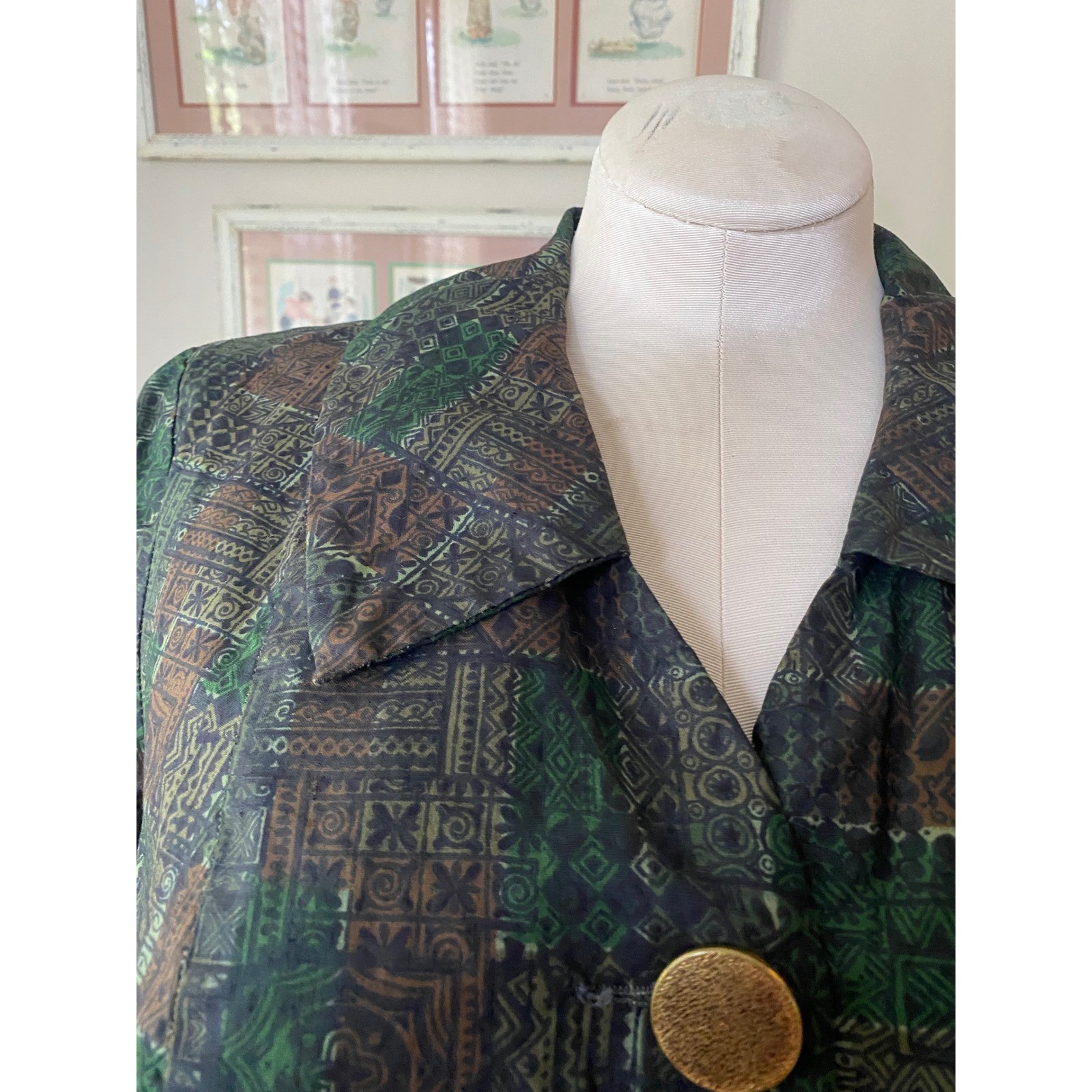 Vintage 60s Tiki Print Cropped Jacket Green Brown Geometric Gold Buttons XL