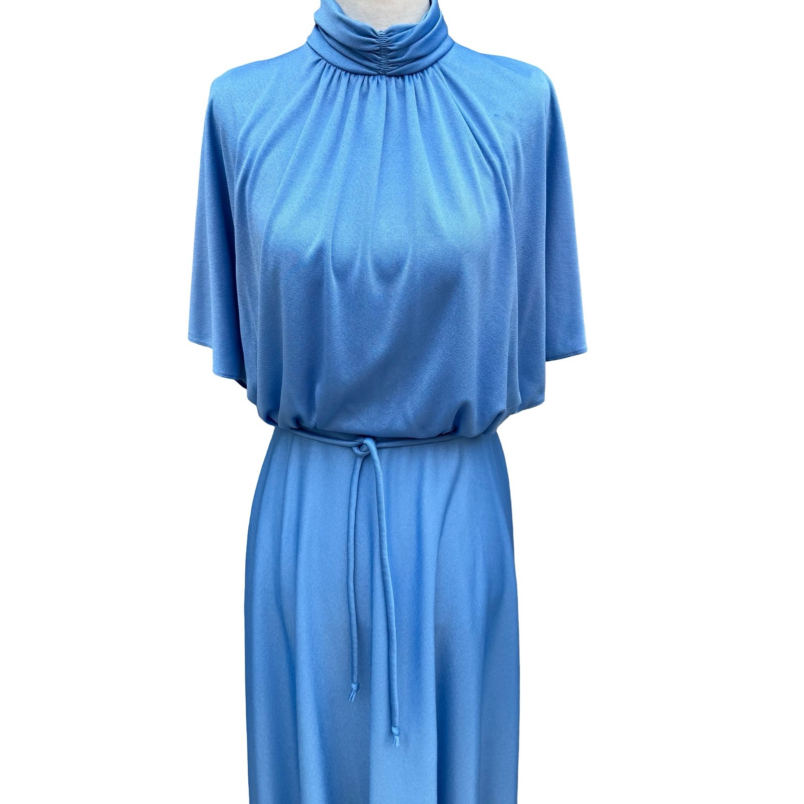Vintage 70s Blue Mock Neck Cape Sleeve Maxi Dress Disco Gown Tie Waist Blue