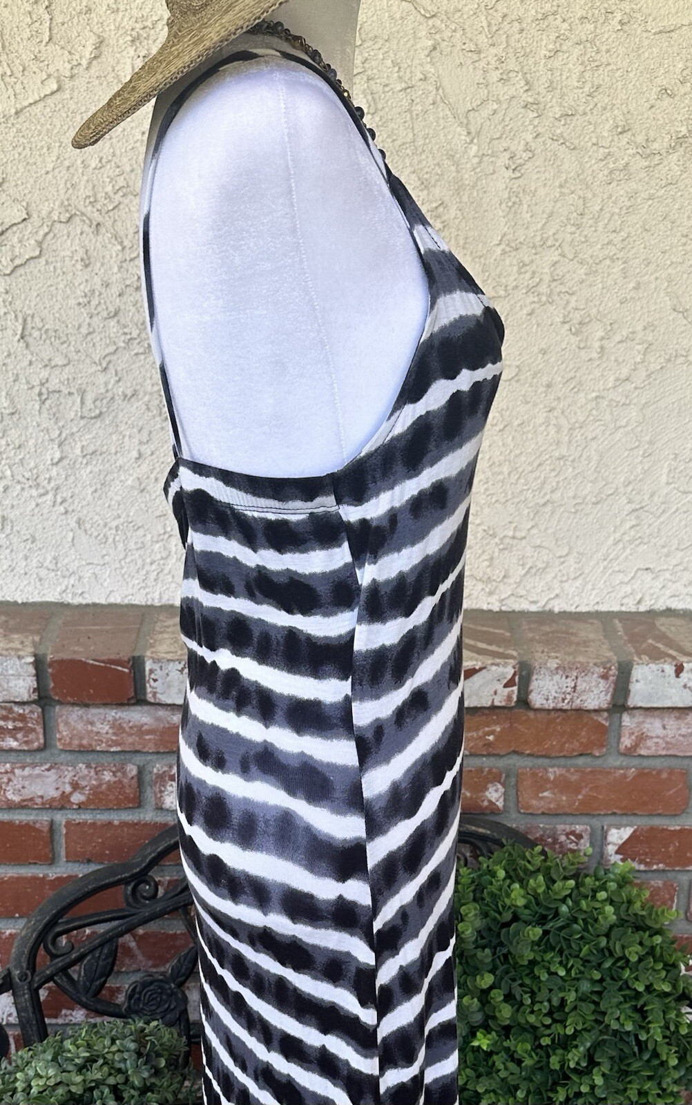 Vintage Alloy Apparel Tie Dye Maxi Dress; Black/Off White Stripe W/Spag Straps