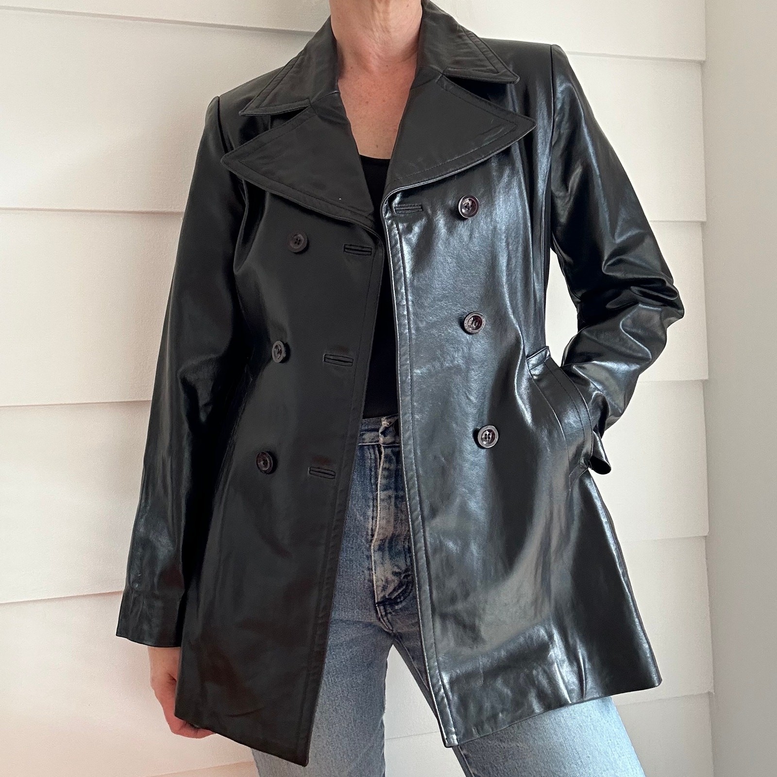 Vintage Black Leather Double Breasted Coat by bebe Size L Minimalist y2k 90s