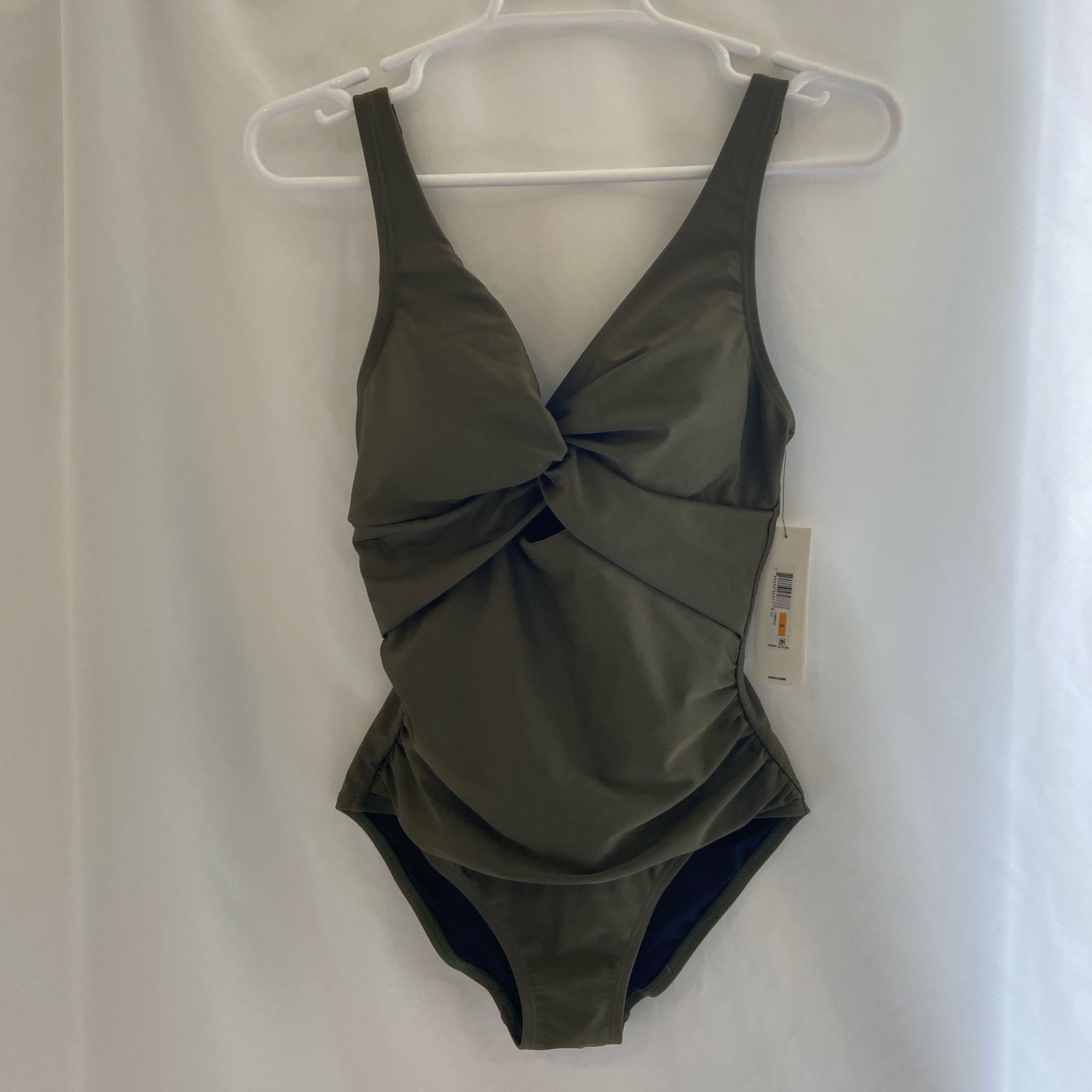 DKNY Deep V-Neck Twist Keyhole One-Piece Swimsuit S Moss Shimmer