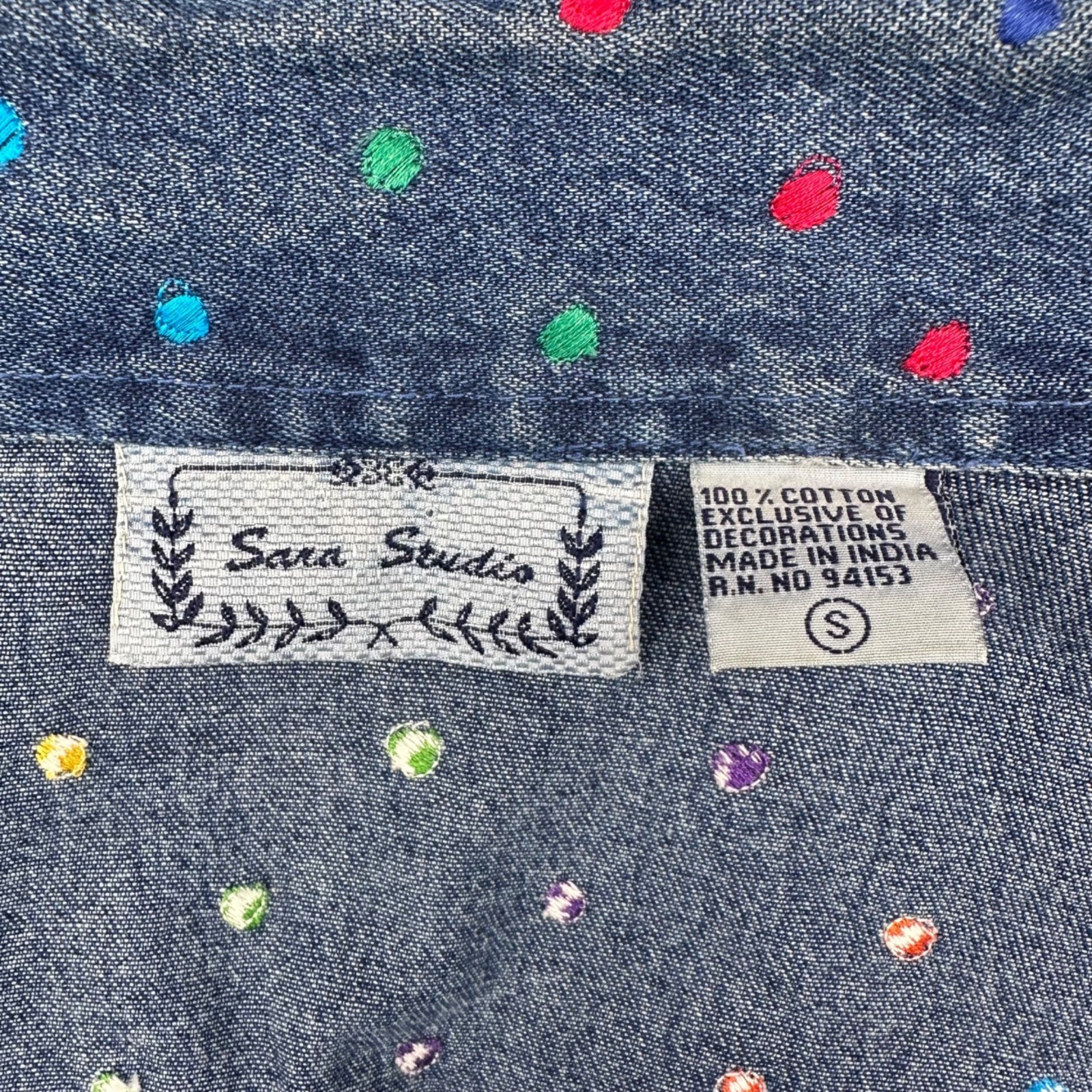 Vintage Denim Shirt Jacket Polka Dot Embroidery Small 1990s Rainbow Button Up