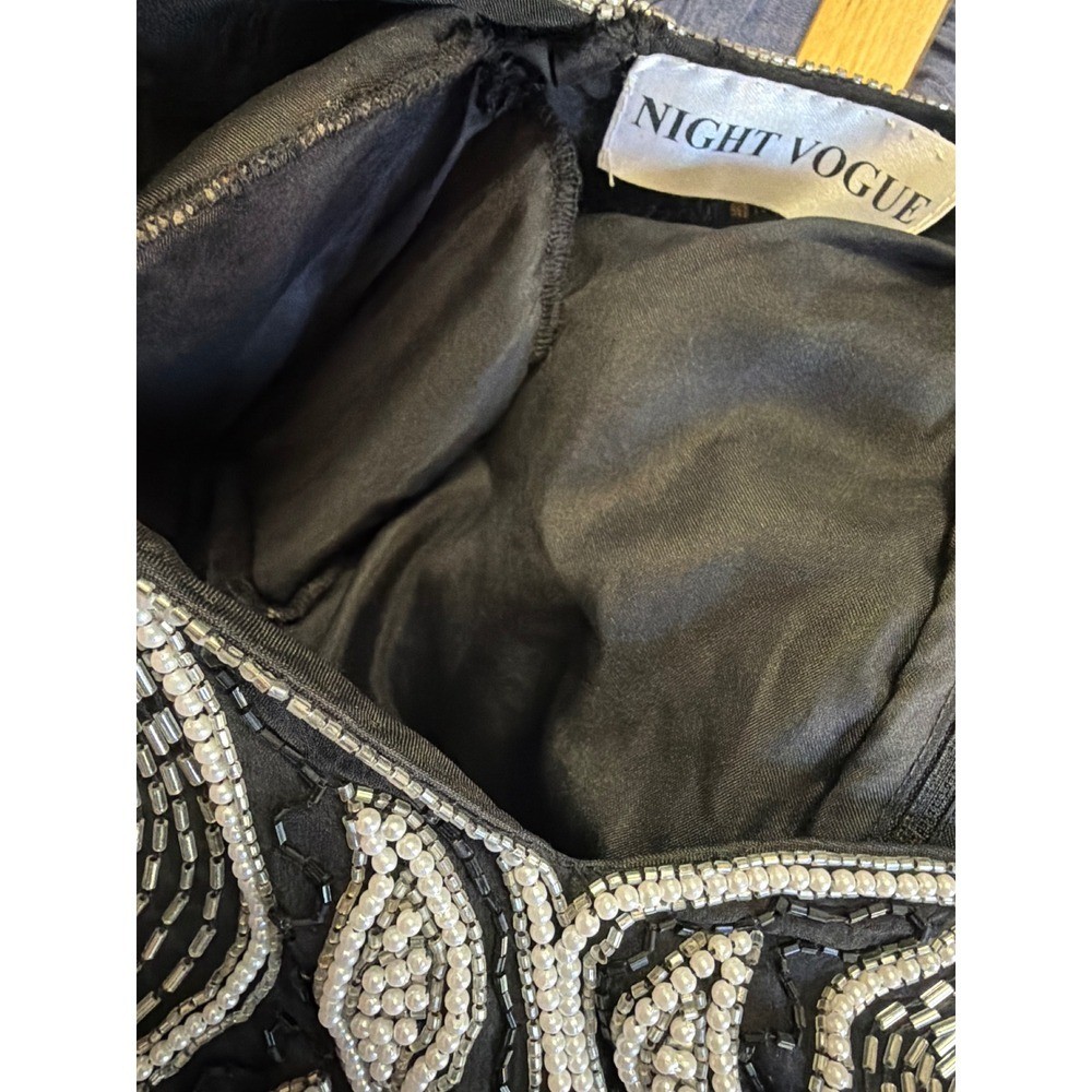 Night Vogue Vintage Black Silk Beaded Sequin Maxi Dress Art Deco Gown M Medium