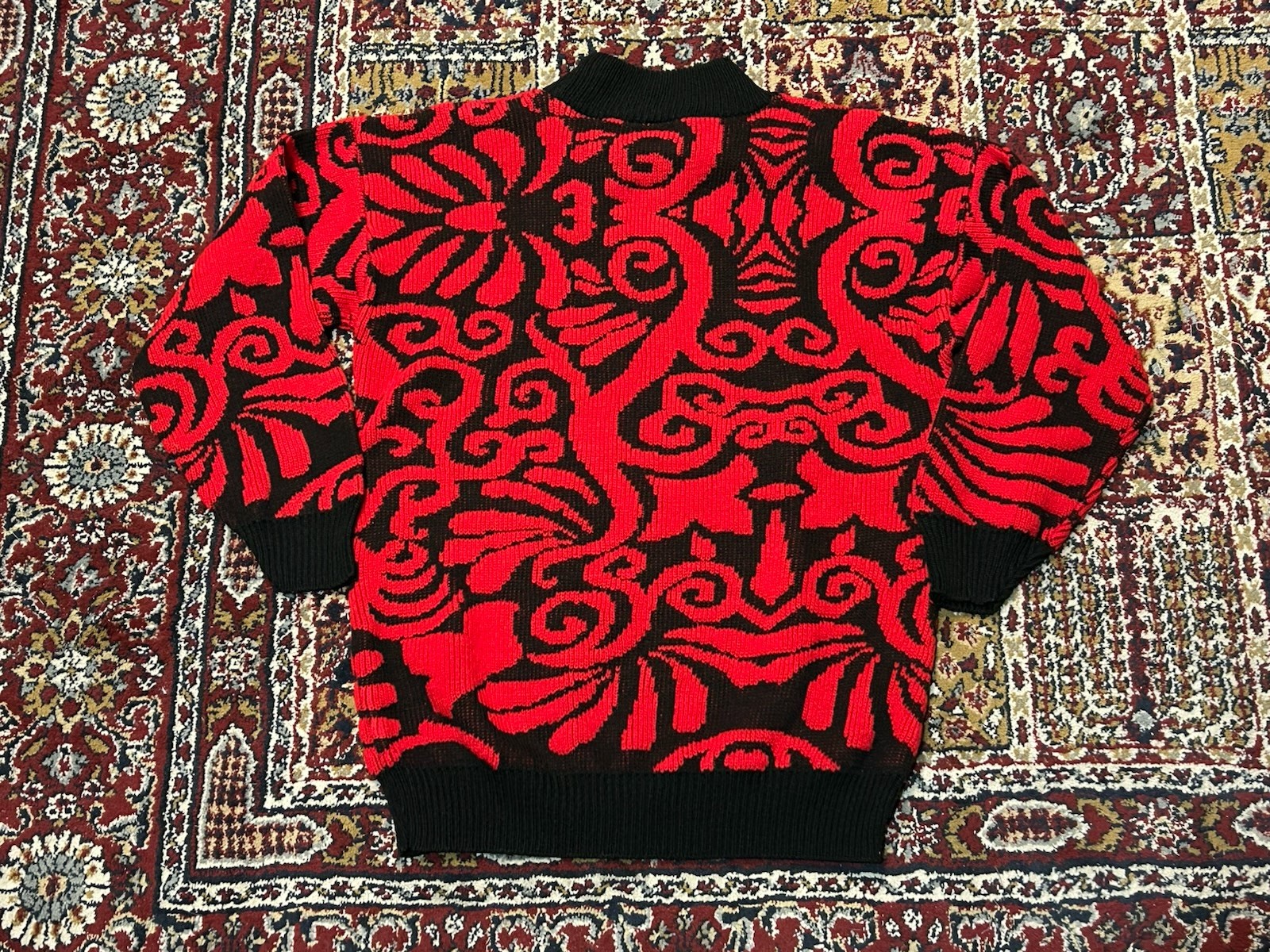Vintage 80s 90s Adele Knitwear Sweater Turtleneck USA Swirly Red Black Patterned