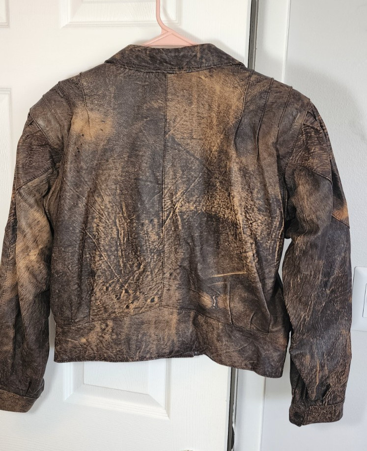 Yessica Leather bomber style jacket EU 40 US 8-10 brown distressed snap closure