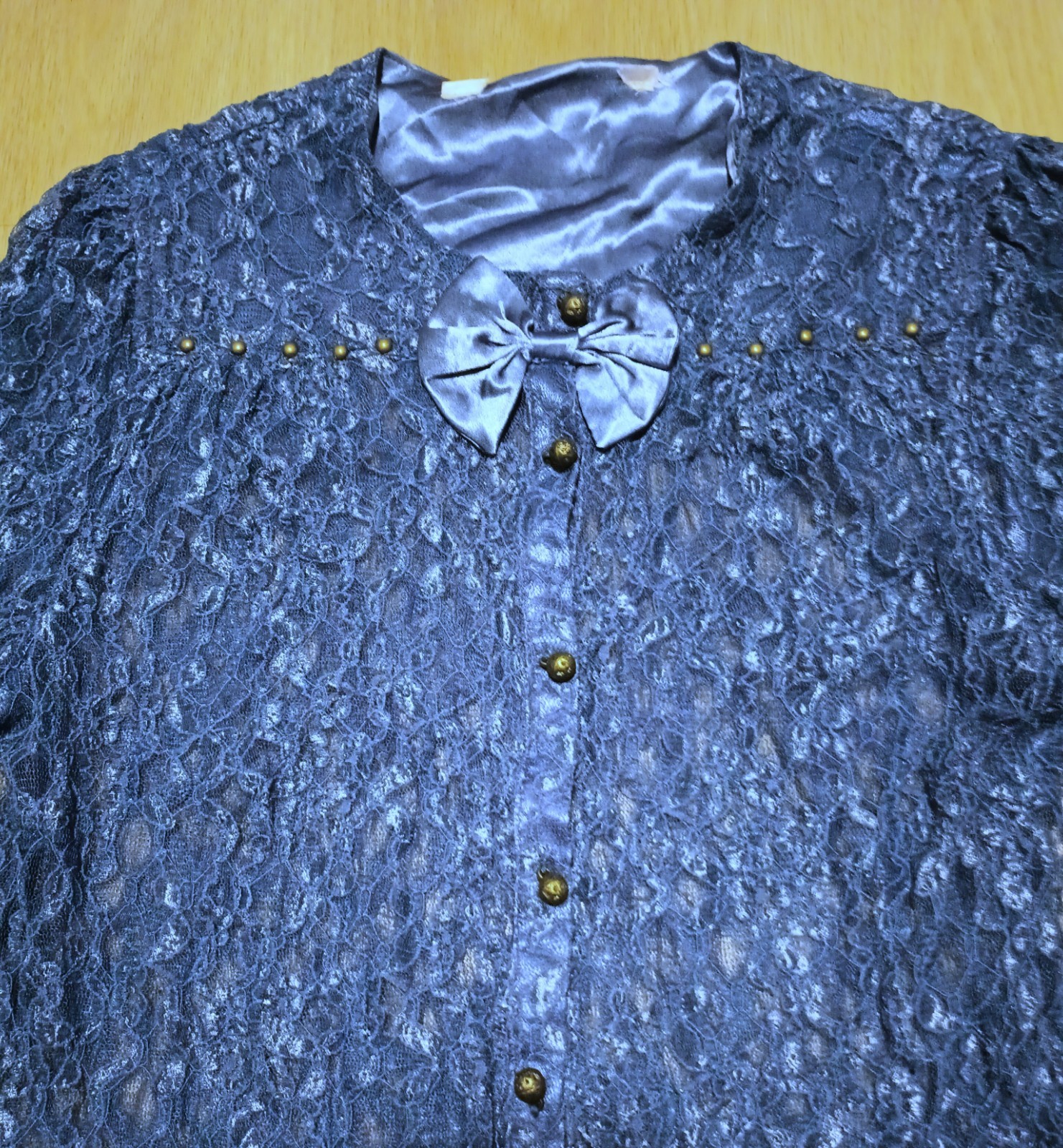 Vtg 80s Sheer Stretch Chantilly Lace Cornflower Blue Beaded Open Front Top M