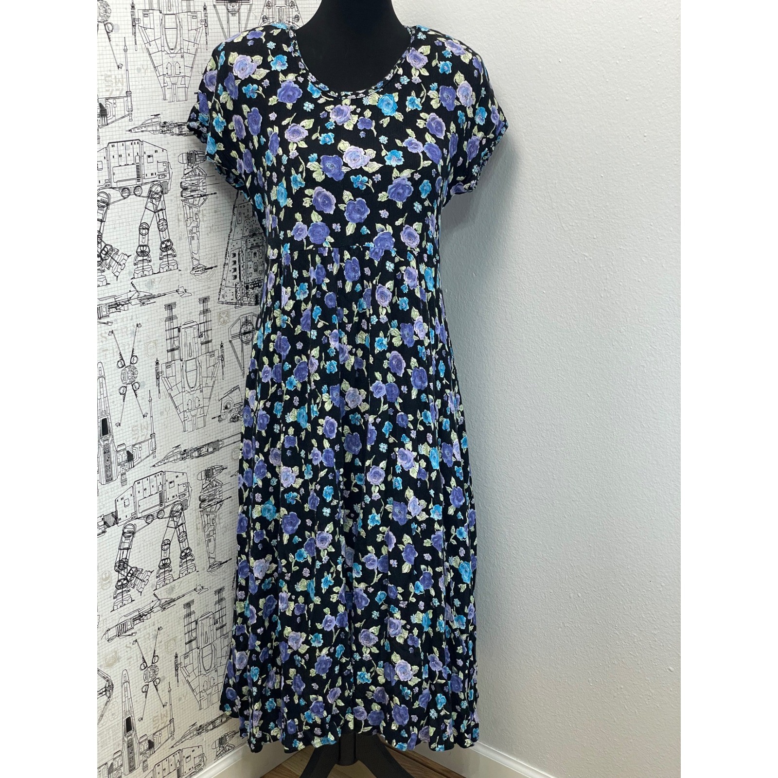 Petite Jazz Floral Maxi Dress 8 Black Purple Blue Vintage 90s Grunge Cottagecore