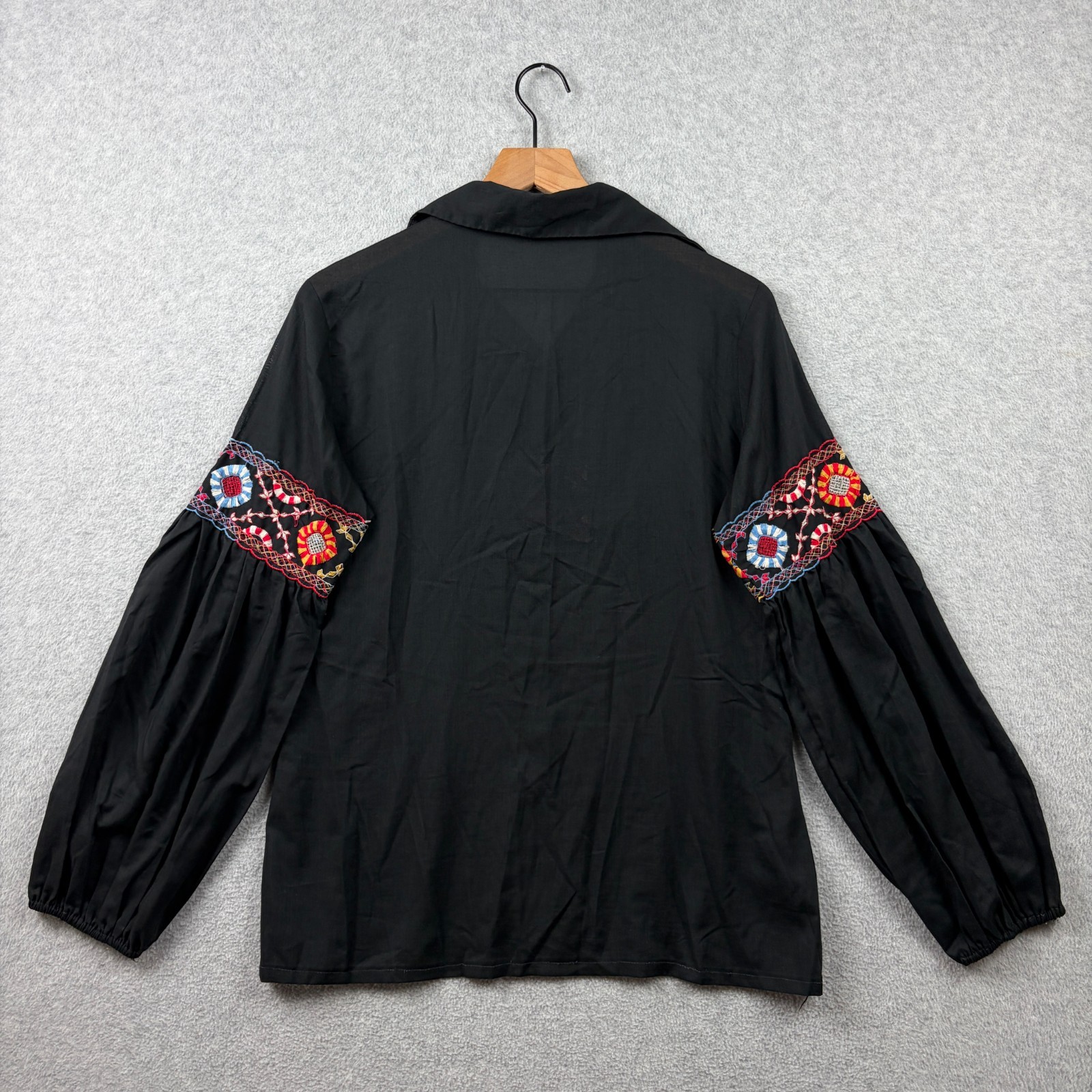 Vintage 70s Fritzi Embroidered Blouse Womens Medium Black Balloon Sleeve Peasant