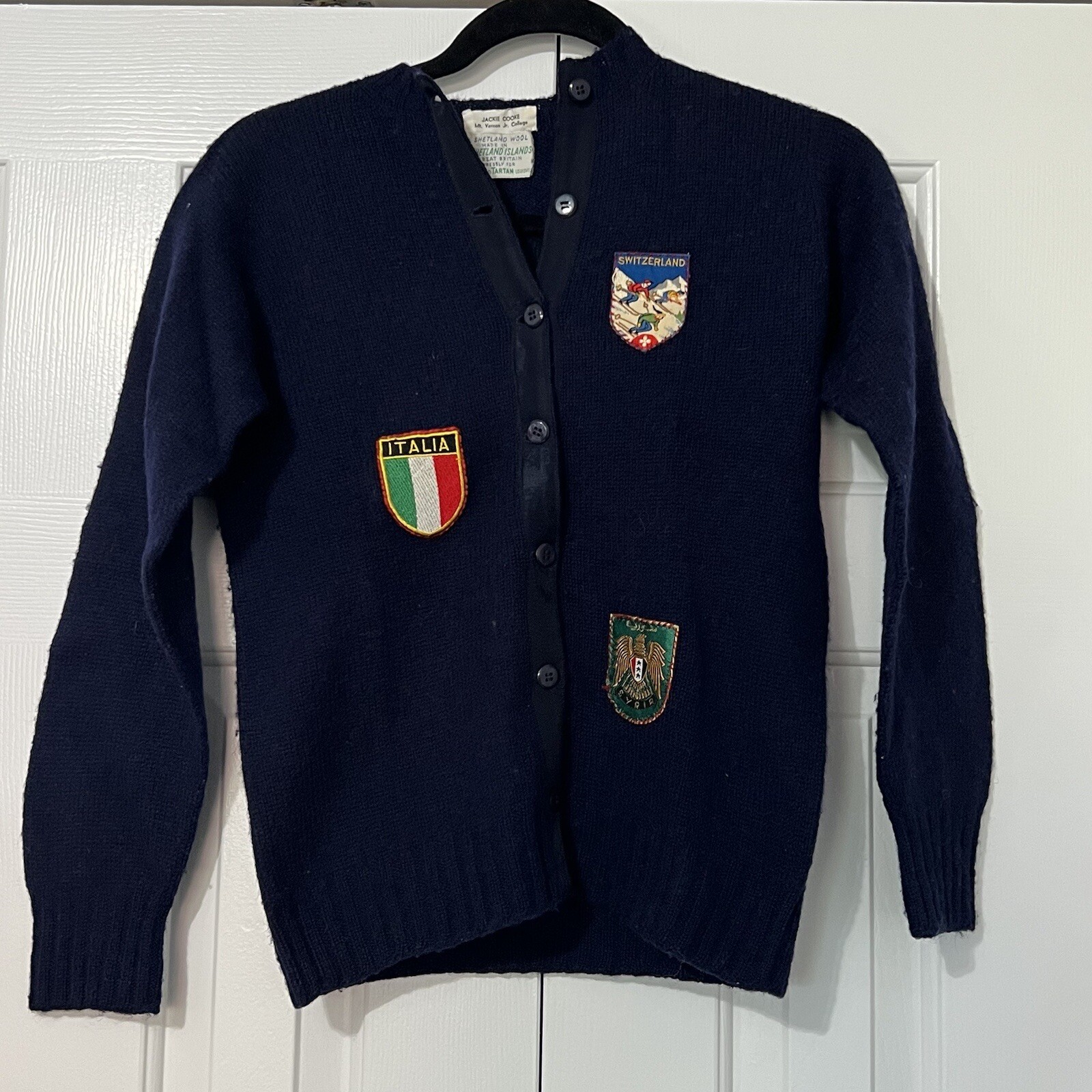 Shetland Wool Cardigan World Patches Navy Small Tweed & Tartan Vintage Flags
