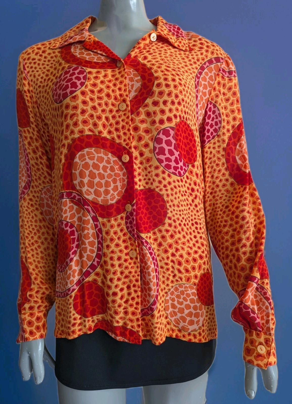 VTG Ilyse Hart Ltd Orange Rayon Button Down Shirt w/Psychedelic Bubble Print M