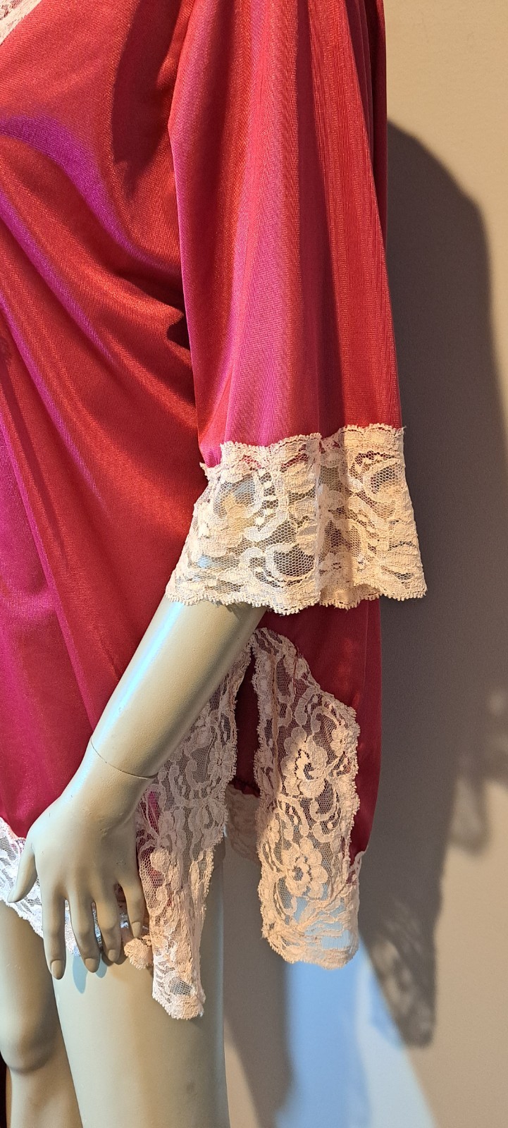 Maroon Wine Red Vtg Hostess Lounge Tunic Pajamas L Xl Beautiful Beige Lace Must