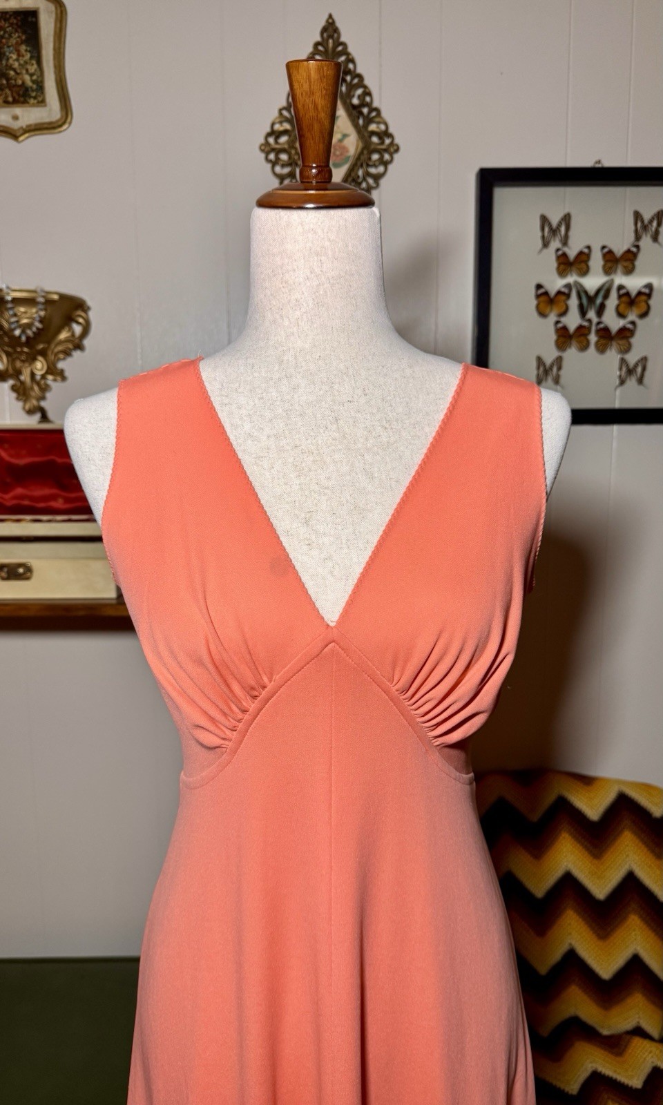 Vintage 70s Coral Empire Waist Maxi Dress Sleeveless Disco Boho Womens S M