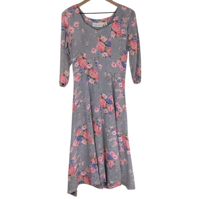VTG Passports Pier 1 Imports Floral Rayon Midi Dress Sz S Grey Pink Cottagecore