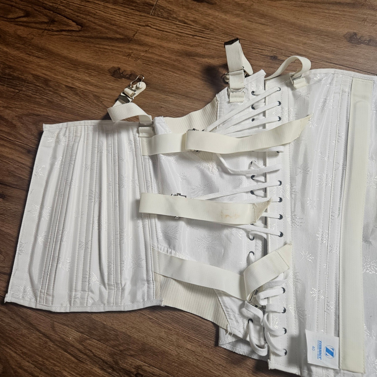 Vintage 60s Zimmer Medical Corset Back Brace Jacquard Floral Laced 40 White