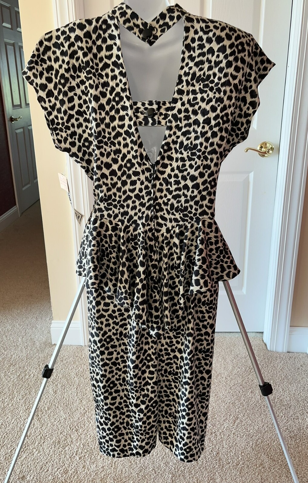 Vintage Tags 1980s Leopard Print Peplum Cap Slv Dress Open Back Sz 16 Curr 10-12