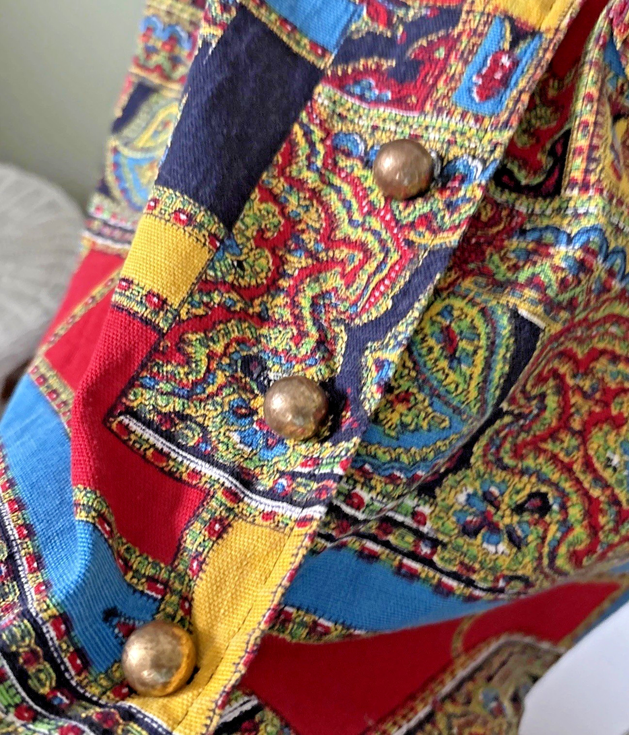 Vintage Tunic Vest Top L California 1970 Pop Color Groovy Paisley Brass Buttons