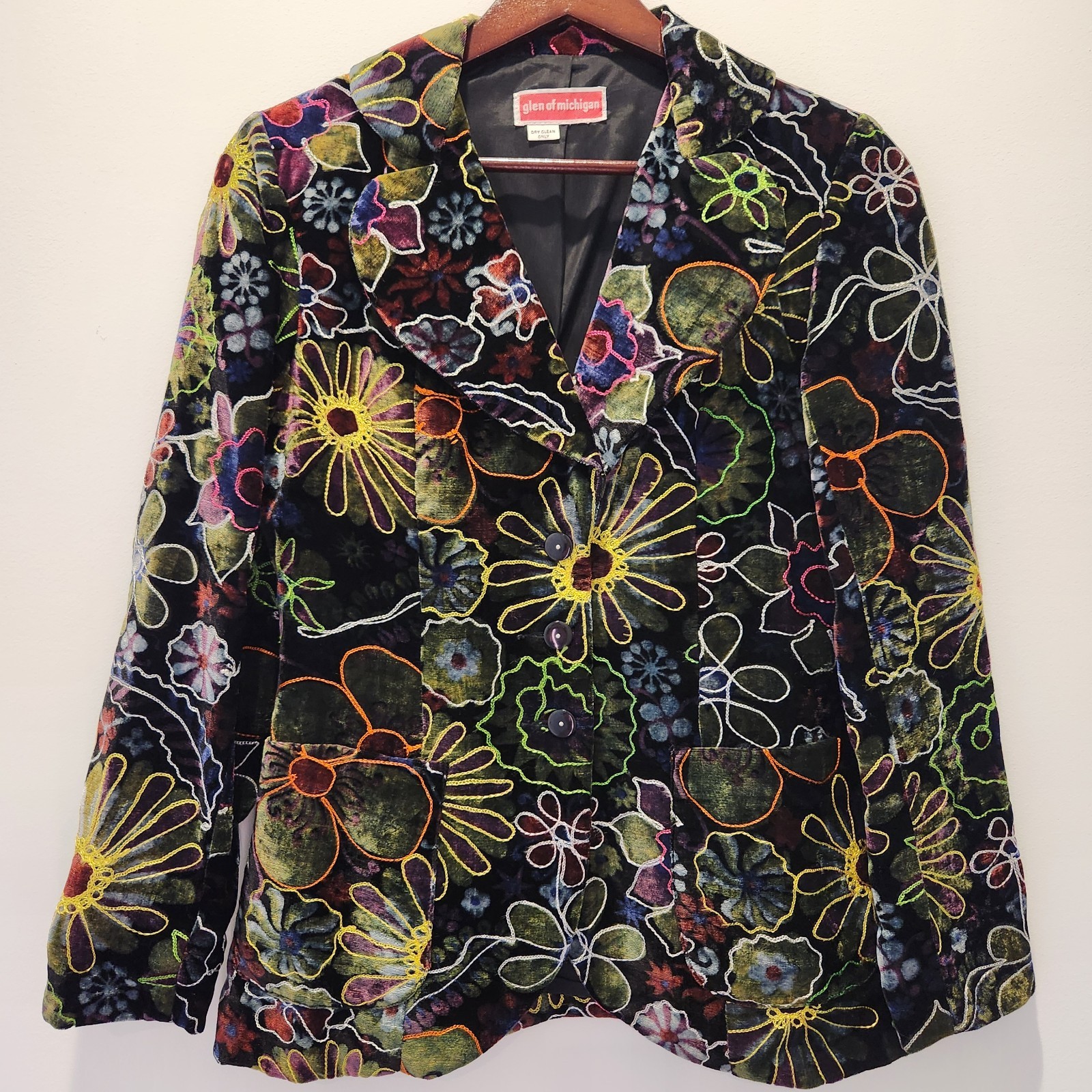 Vintage 70s Glen of Michigan Embroidered Rayon Velvet Flower Power Jacket Groovy