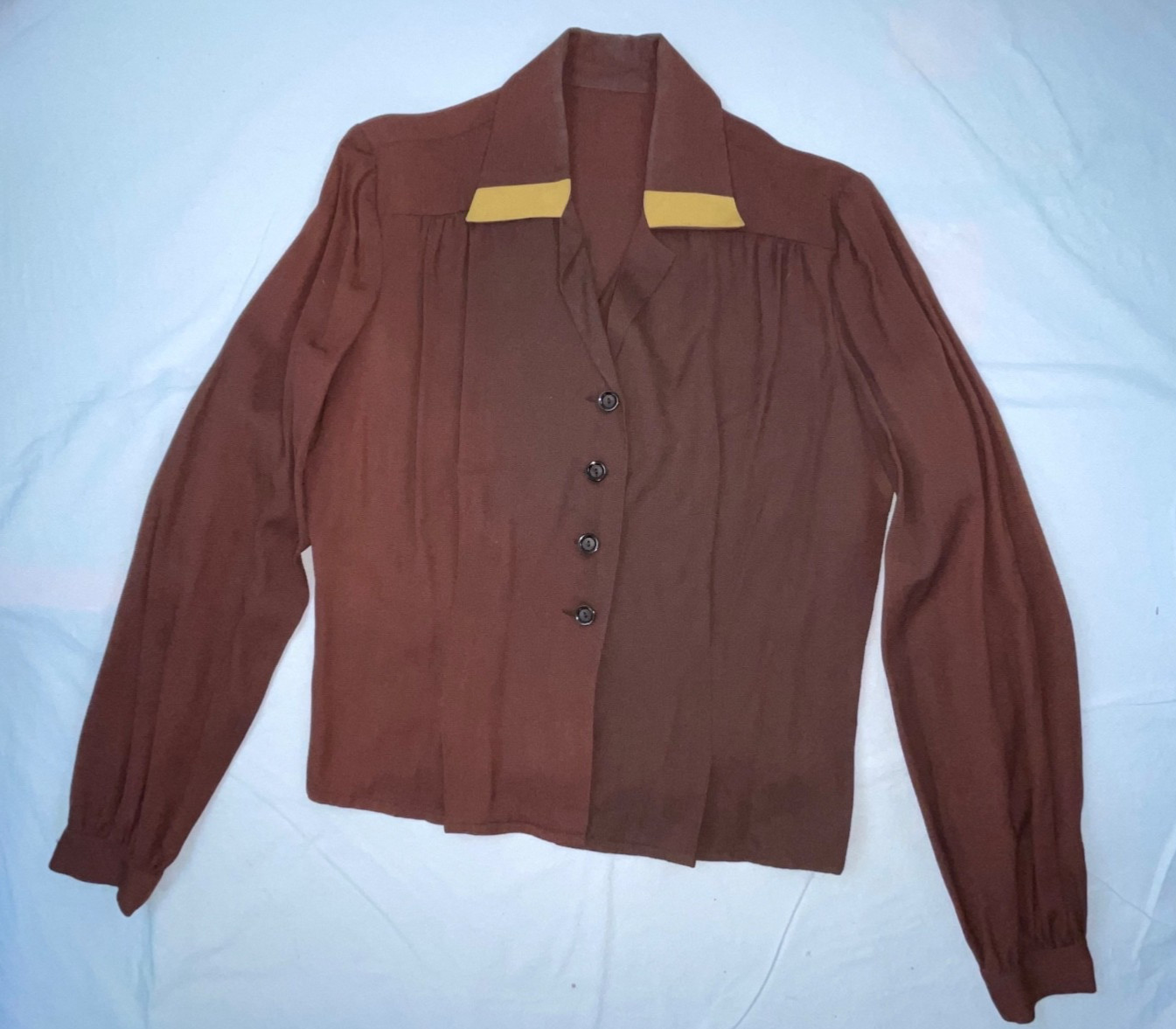 VTG 40S 50S WOMENS S GABARDINE RAYON BROWN BUTTON ROCKABILLY SHIRT TOP