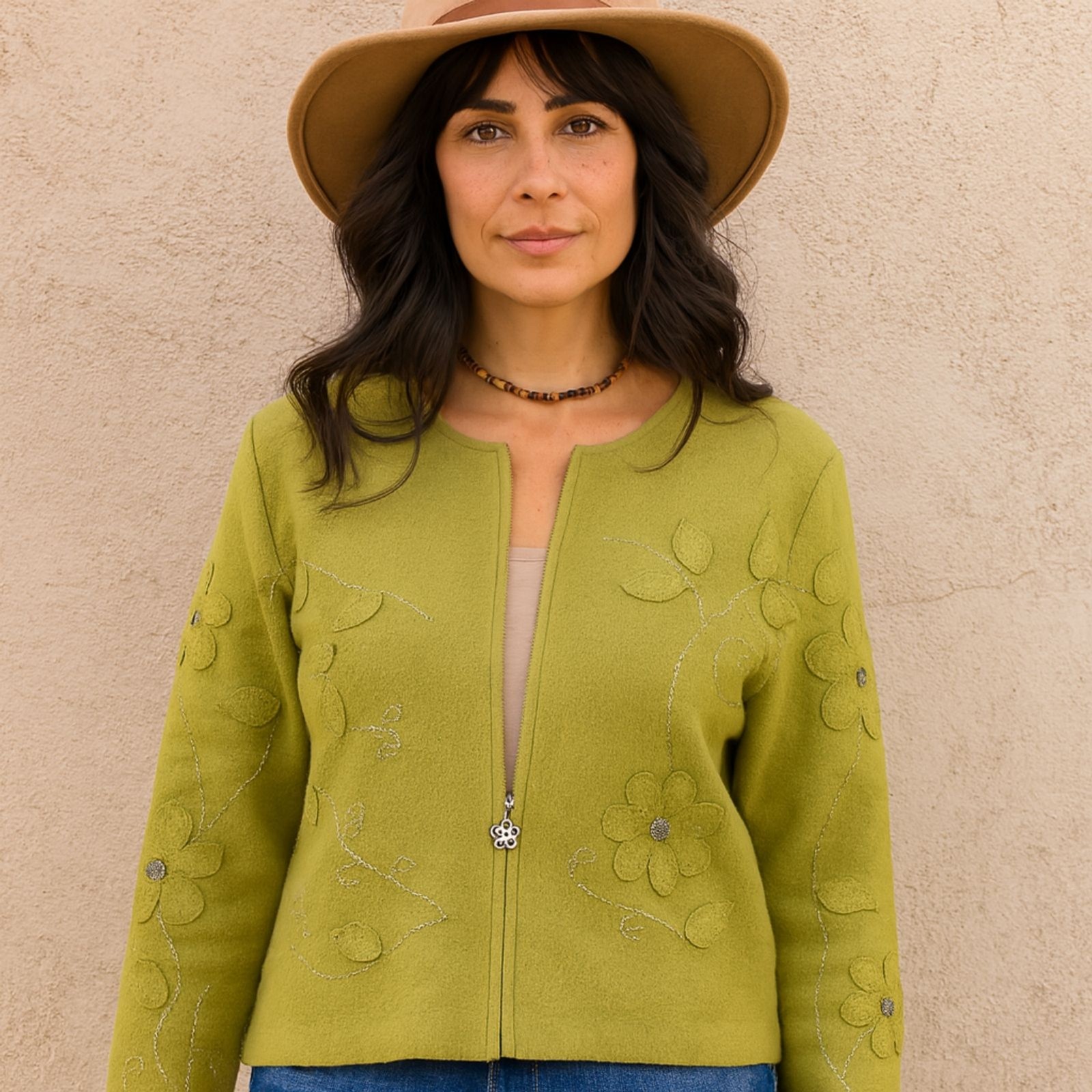 Vintage 70s Boho Jacket 6 Olive Green Cotton Applique Flowers Classy Hippie