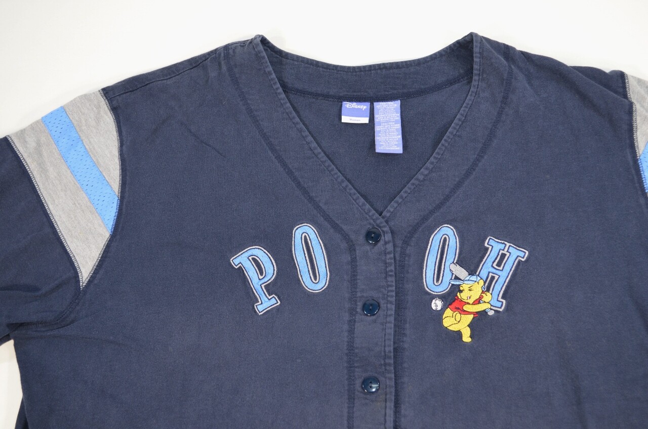 VTG Y2K Disney Winnie the Pooh Baseball Jersey Shirt Woman Size 28W Navy Blue