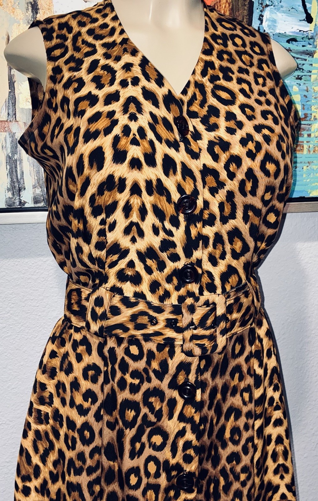 Vtg Studio 1 Leopard Animal Print Belt Sleeveless Shift Midi Dress 6