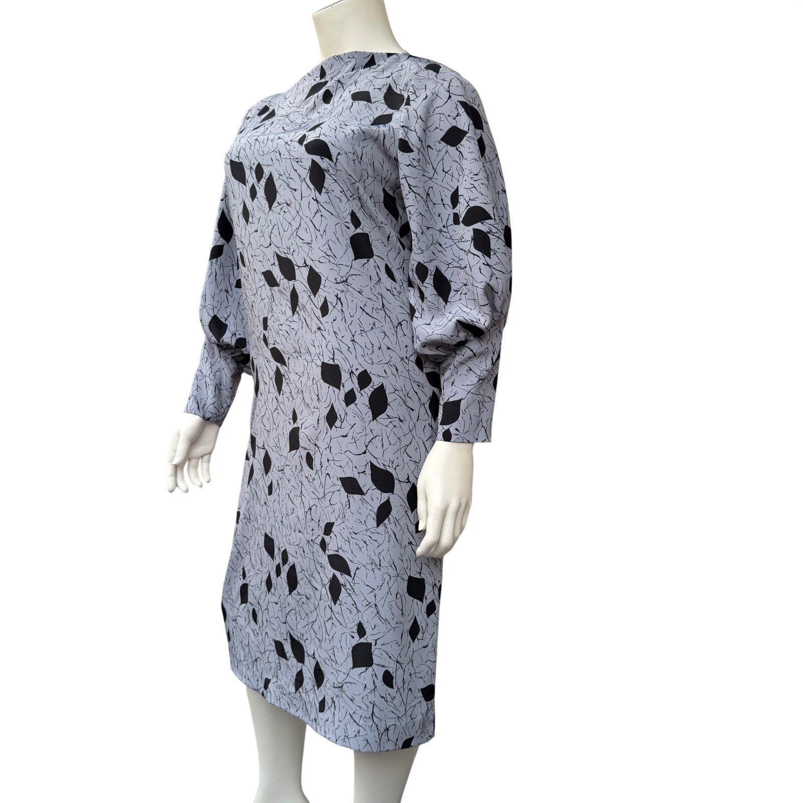 Murray Meisner Vintage Shift Dress Midi Balloon Sleeve Blue Black Leaf Print 14