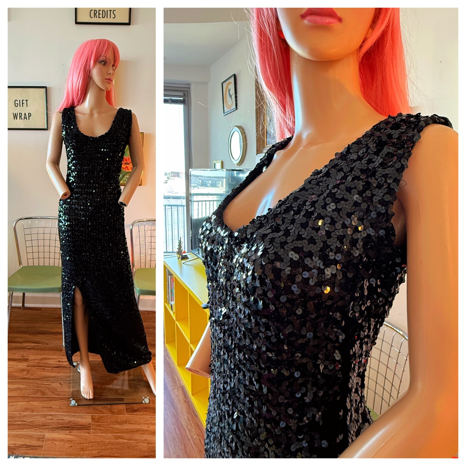 🖤 Vtg 60s Black Knit Bodycon Stretch Hourglass Showgirl Sequin Slit Dress L XL