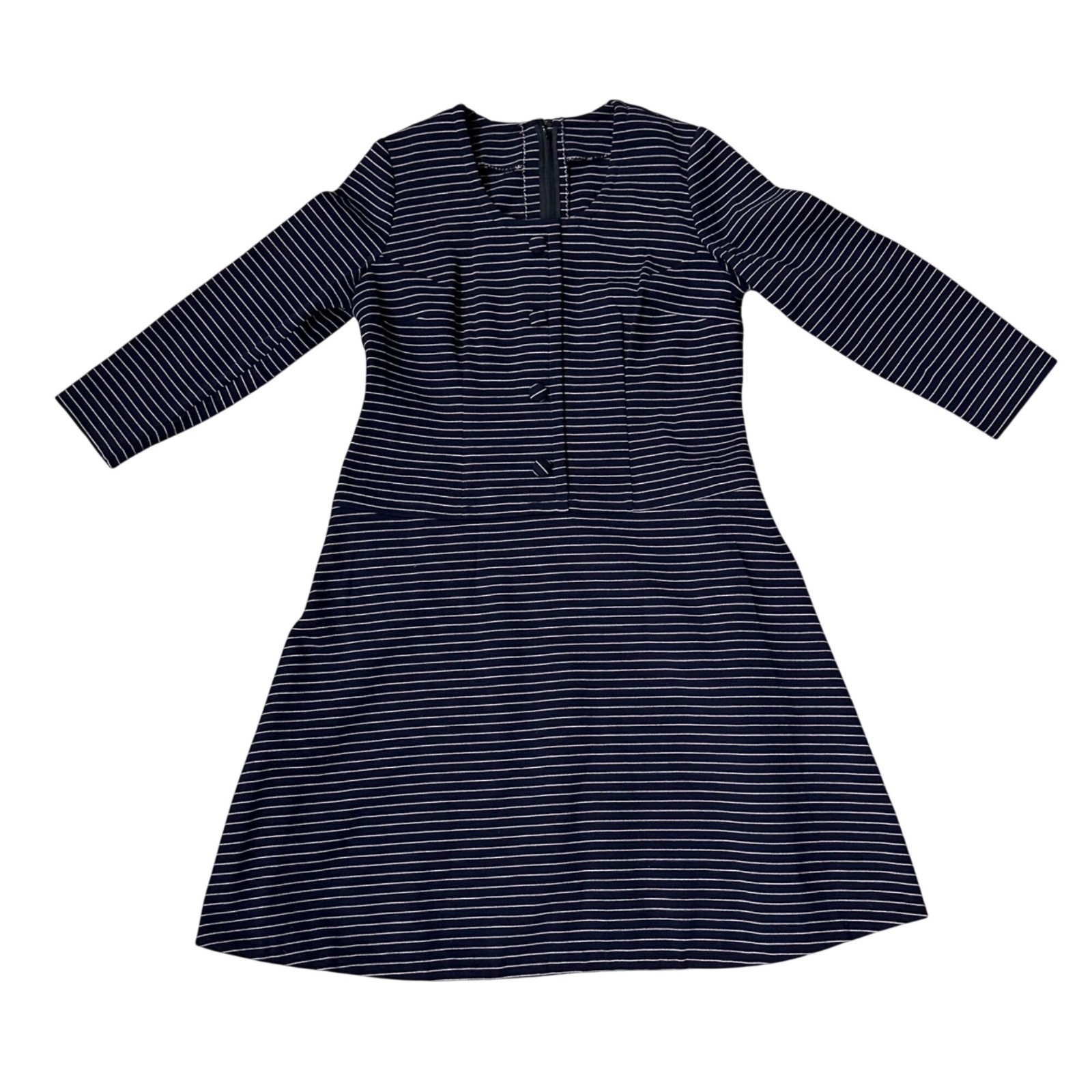 Vintage Navy Blue Handmade Dress Stripes Back Zipper Classic Fit And Flare