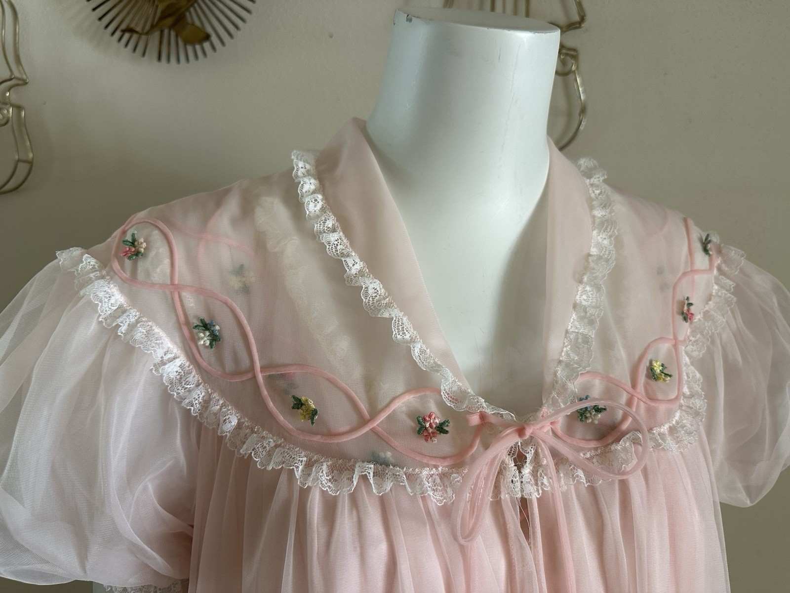 1960s Gotham Pink Nylon Peignoir Set Babydoll Chiffon Lace Lingerie Robe M VTG