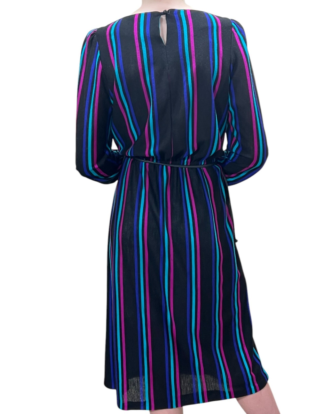EUC Vtg 70s Sz S~M Dress Stripe Soft Knit Belt Sally Lou Boat neckline Puff Slv