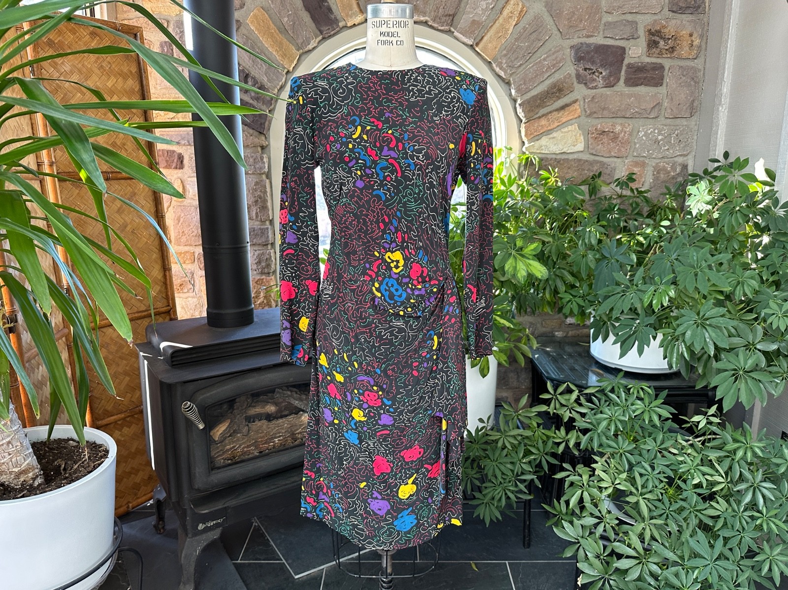 Vintage 1990s Black and Primary Color Abstract Silk Sarong Style Dress Nora Noh