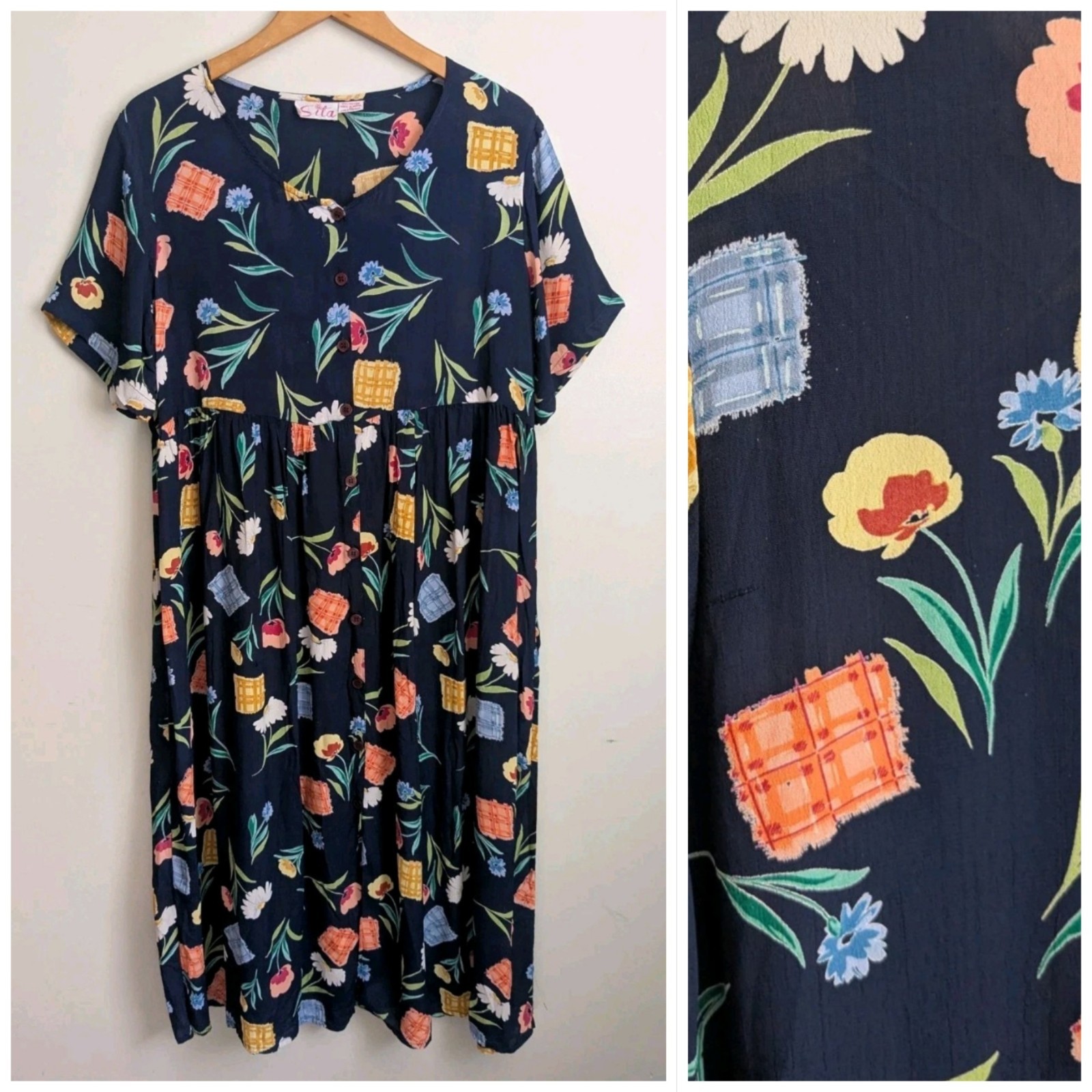 90s Crinkle Rayon Midi Dress Blue Floral Boho M Short Sleeve Flowy Cottage Retro