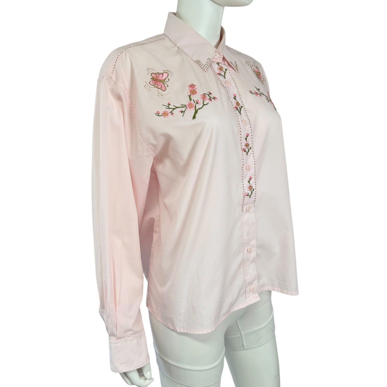 Pink Embroidered Floral Button Up Fairycore Western Romantic Cottagecore Large