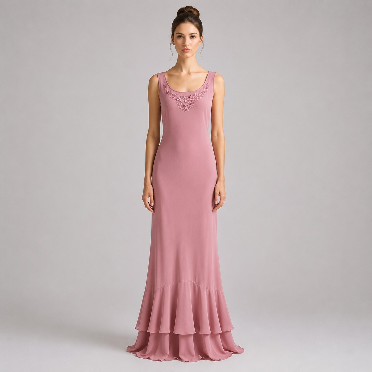 Vintage 90s Y2K Dusty Pink Beaded Column Dress Size 3X Maxi Ruffle Occasion MOB
