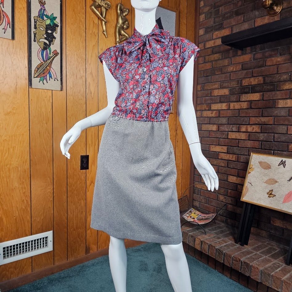 Vtg 80s Pussy Bow Power Suit Paisley Floral Dress w/ Blazer Secretary Dress M