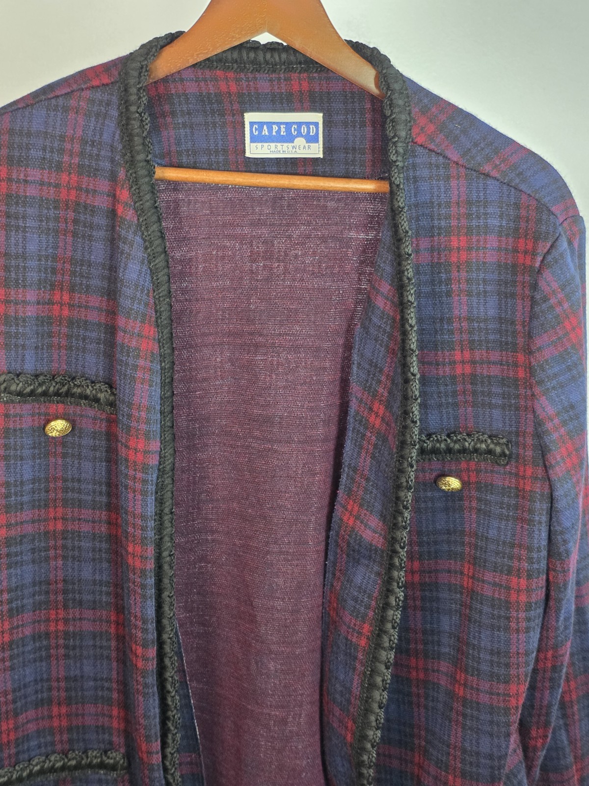 VTG 70s Cape Cod Red/Blue Plaid Blazer Gold ACCENTS Large