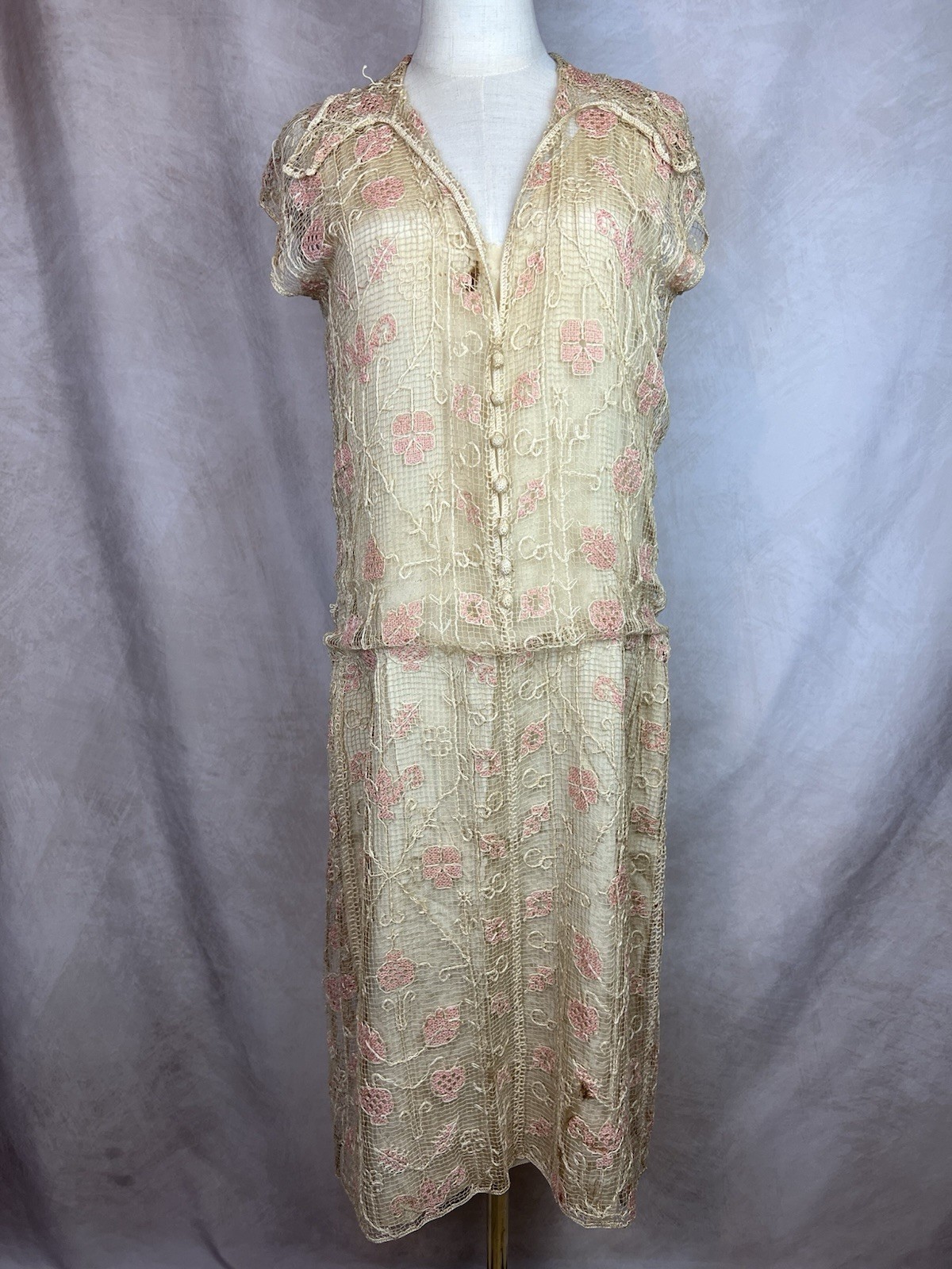 Vintage Mid 1920s Filet Lace Embroidered Flapper Dress OOAK Beautiful