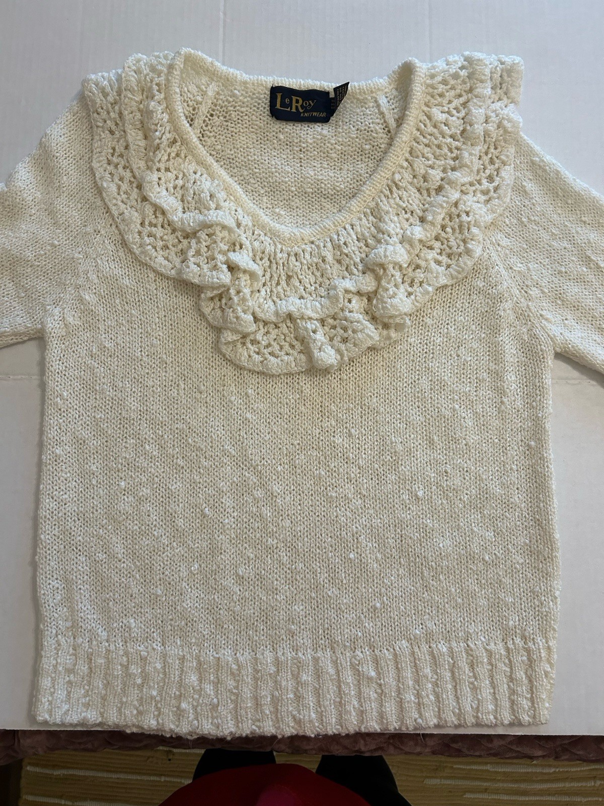 Vtg 80s LeRoy knitwear Ivory Sweater Sz Small Ruffle Crochet Cottagecore Frilly