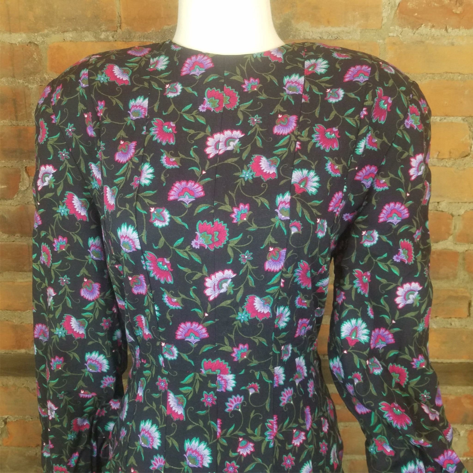 Vintage Dress Midi Black Floral Red Green Lilac Print Long Sleeves Sz M