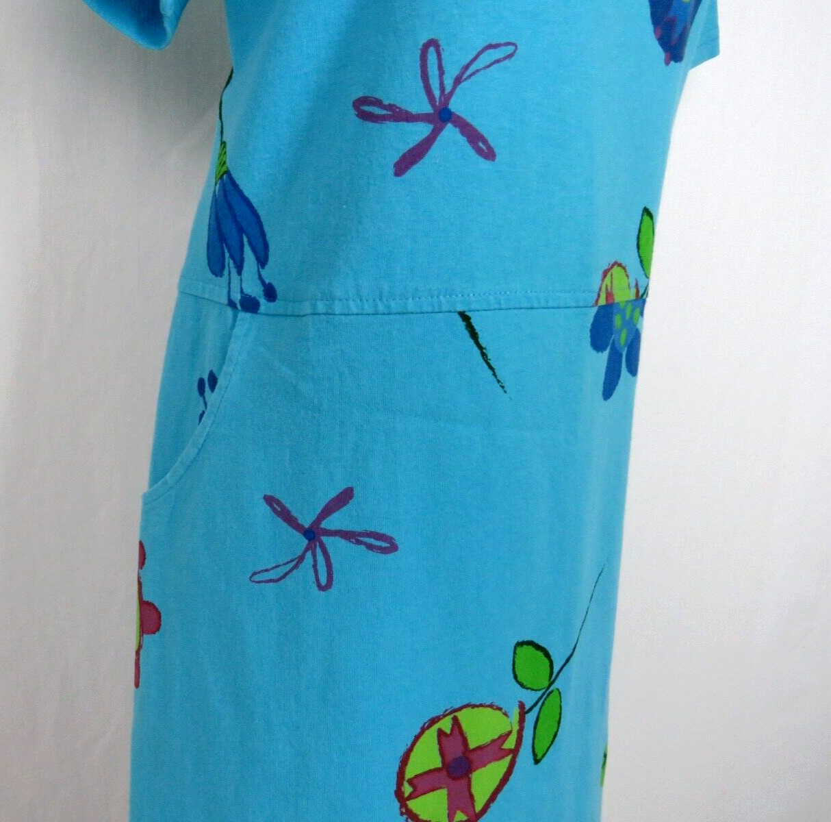 VTG 1980s 90s RED GINGER MEDIUM COTTON DRESS MOD FLOWERS ROPE BELT AQUA BLUE
