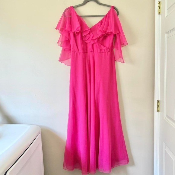 70s Hot Fuschia Pink Chiffon Dress Waterfall flutter 60s maxi