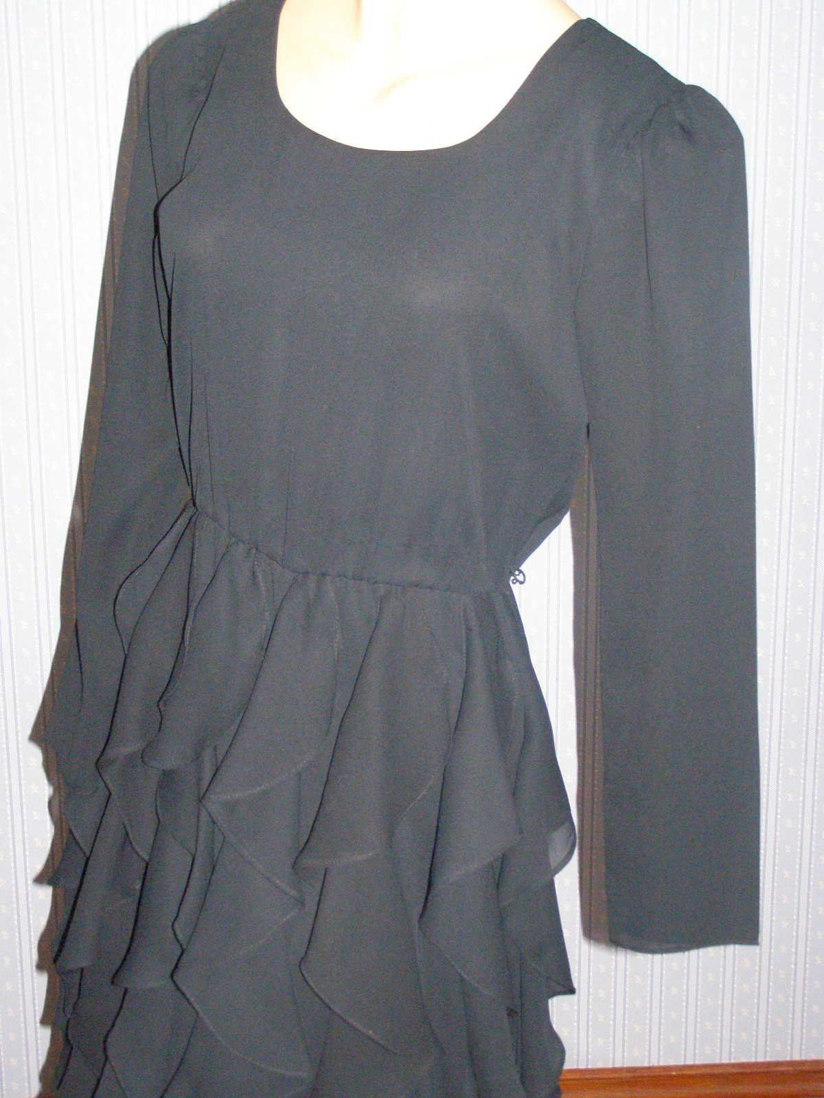Vintage 80’s simple black semi-sheer TIERED RUFFLE dress S M chiffon evening